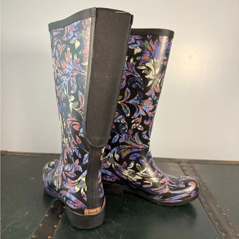 CHOOKA WOMEN'S WIDE CALF RAIN BOOTS SIZE 6 NAVY FLORAL